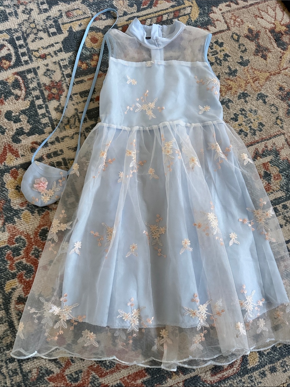 BrandNew Girls Gorgeous 2pc Blue Floral Embroidered Tulle Party Dress and Purse